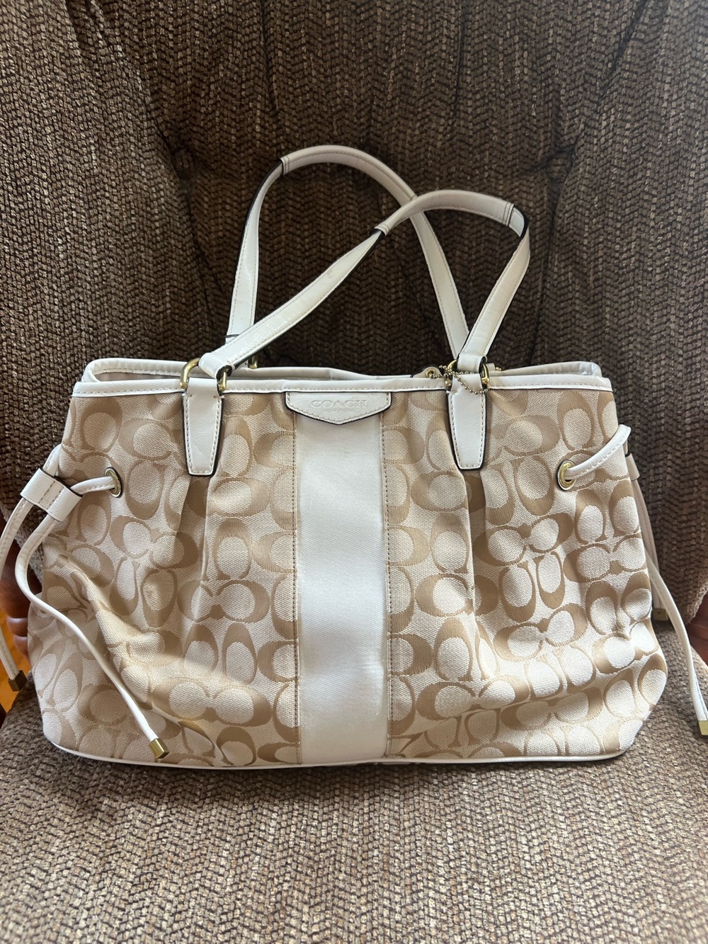 Coach Signature Stripe tan and white logo fabric satchel handbag